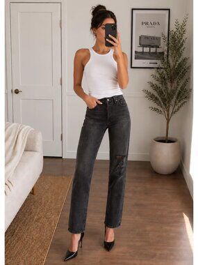RE/DONE High Rise Loose Straight Jeans 25 Worn In Black Distressed $265